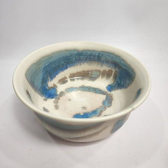 1996 Handmade 6" x 3"  Blue & Cream Pottery Bowl Signed By PM - Picture 1 of 8